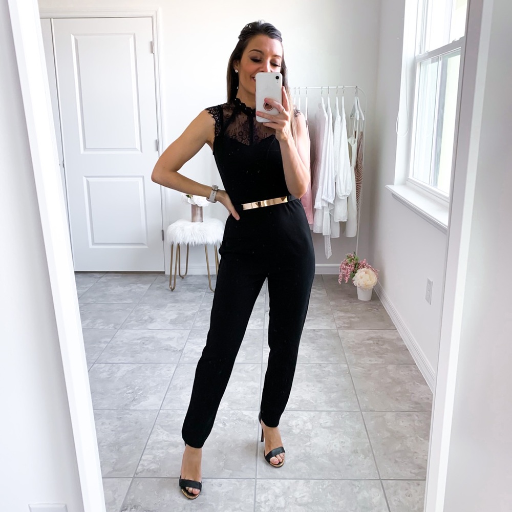 Black Sleeveless Contrast Lace Cocktail Jumpsuit - Picture 7 of 13